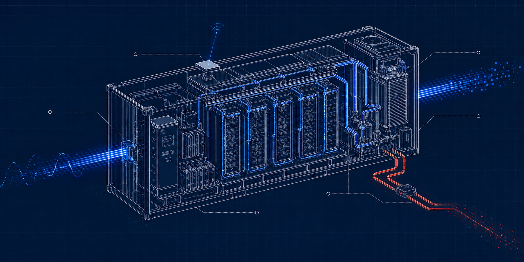 Technical cutaway of a liquid-cooled PolyGrid compute appliance with rooftop satellite connectivity, power and network connections, and a recovered-heat outlet